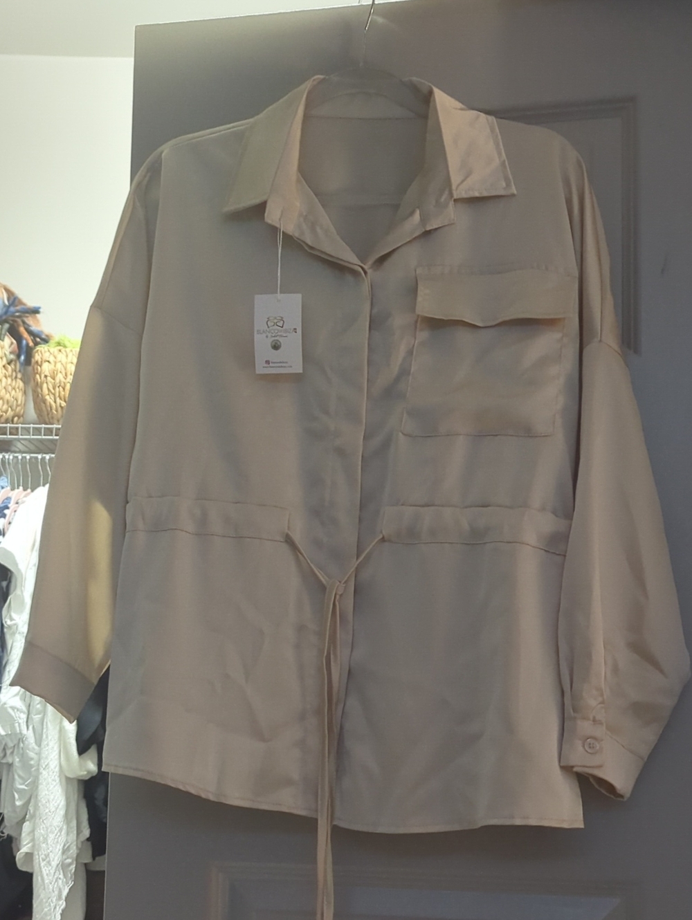 Light Beige Drawstring Button-Front Shirt Jacket